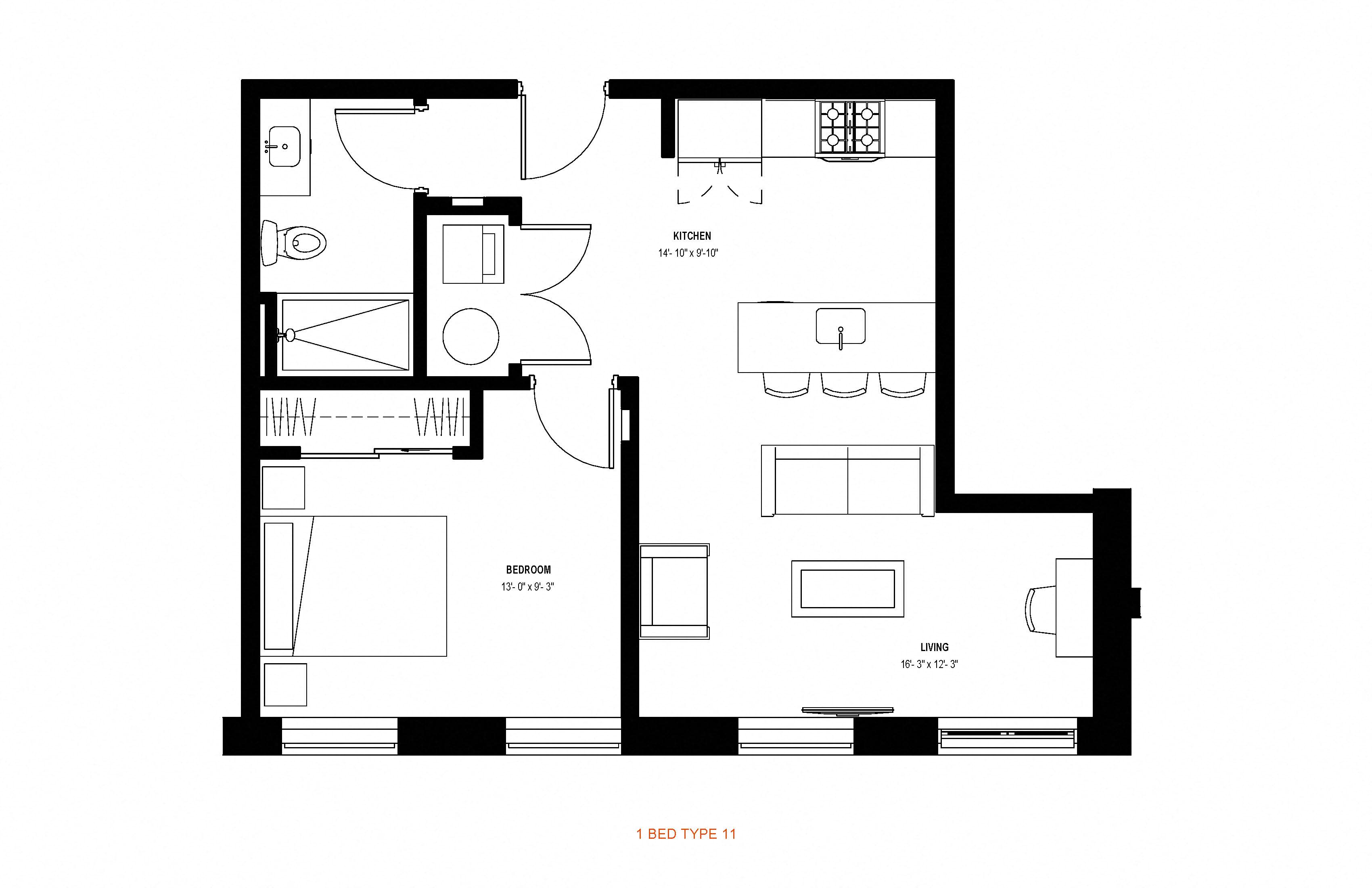 Floor plan for 1 bed, 1 bath, 664 sqft